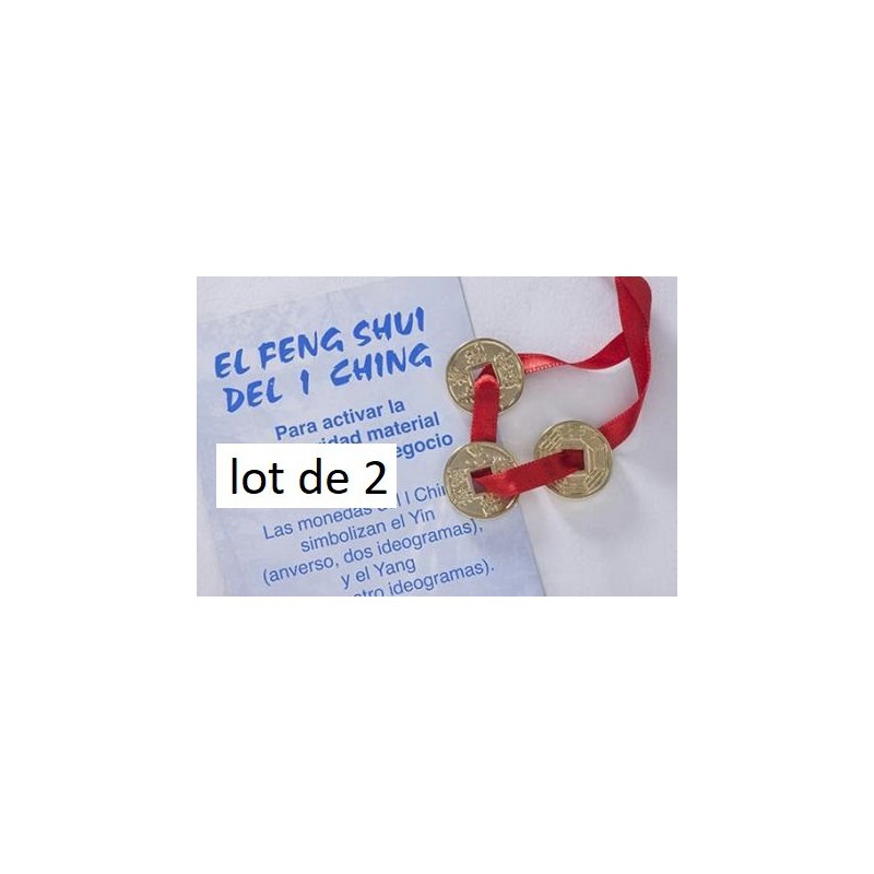 2 LOT DE 3 PIECES FENG SHUI LAITON DORE + RUBAN ROUGE