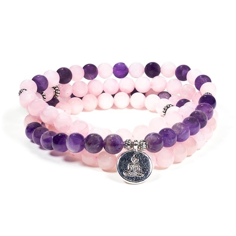 Mala en quartz rose / améthyste bouddha sur fil elastique Mala en quartz rose / améthyste bouddha sur fil elastique